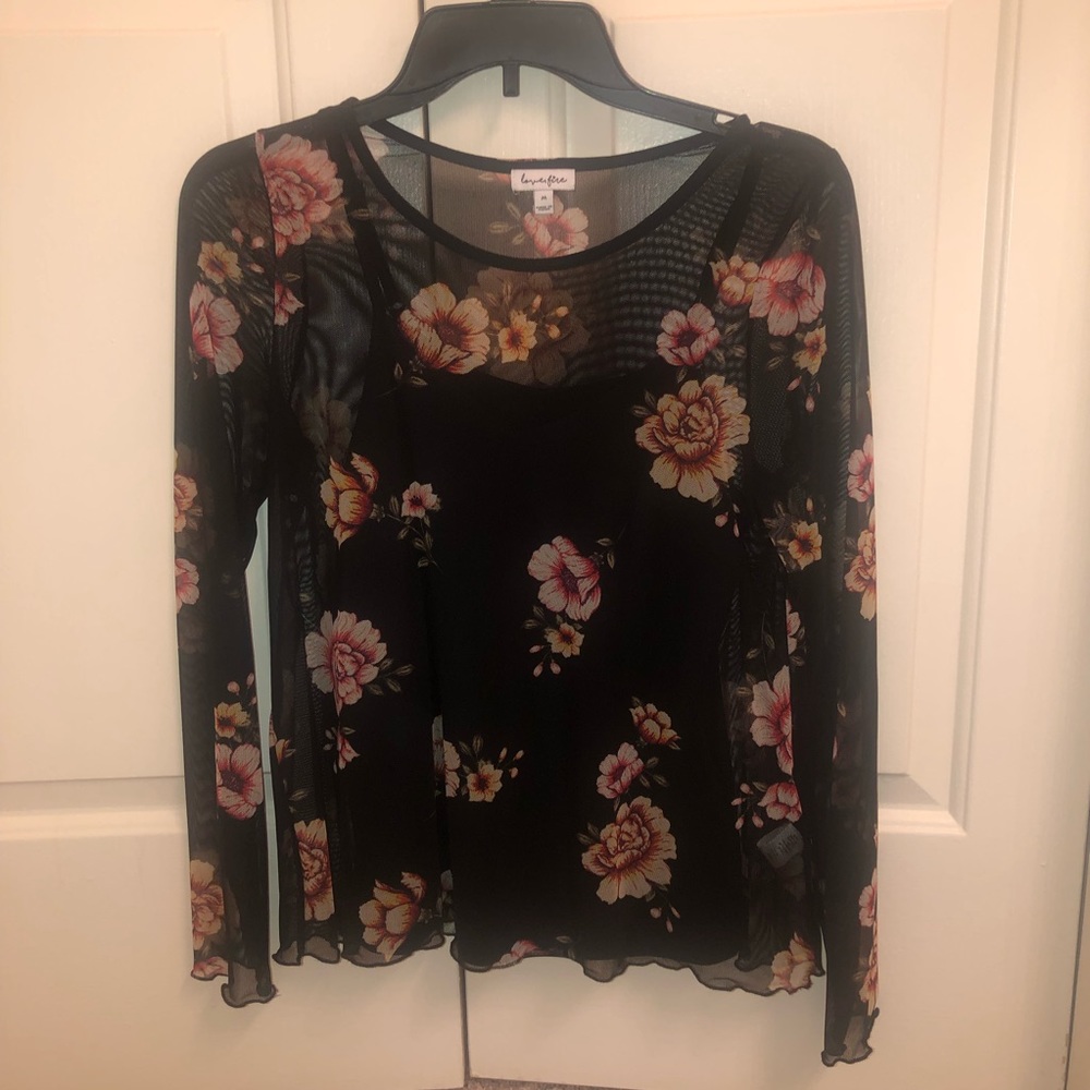 Black & Floral Mesh Blouse